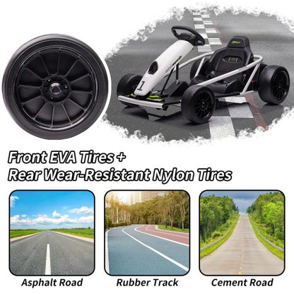 24V Go Kart for Kids 8-12, 300W*2 Motors, 9Ah Battery, 8MPH Speed, Music, Horn, 175lbs Max Load – White