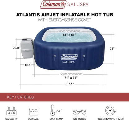 4 to 6 Person Inflatable Hot Tub Square Portable Outdoor Spa with 114 Soothing AirJets and Insulated Cover.