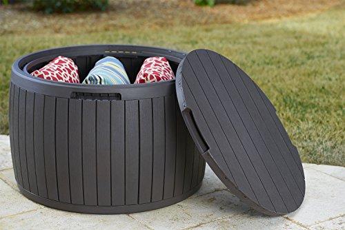 37 Gallon Round Deck Box, Patio Table for Outdoor Cushion Storage, Brown