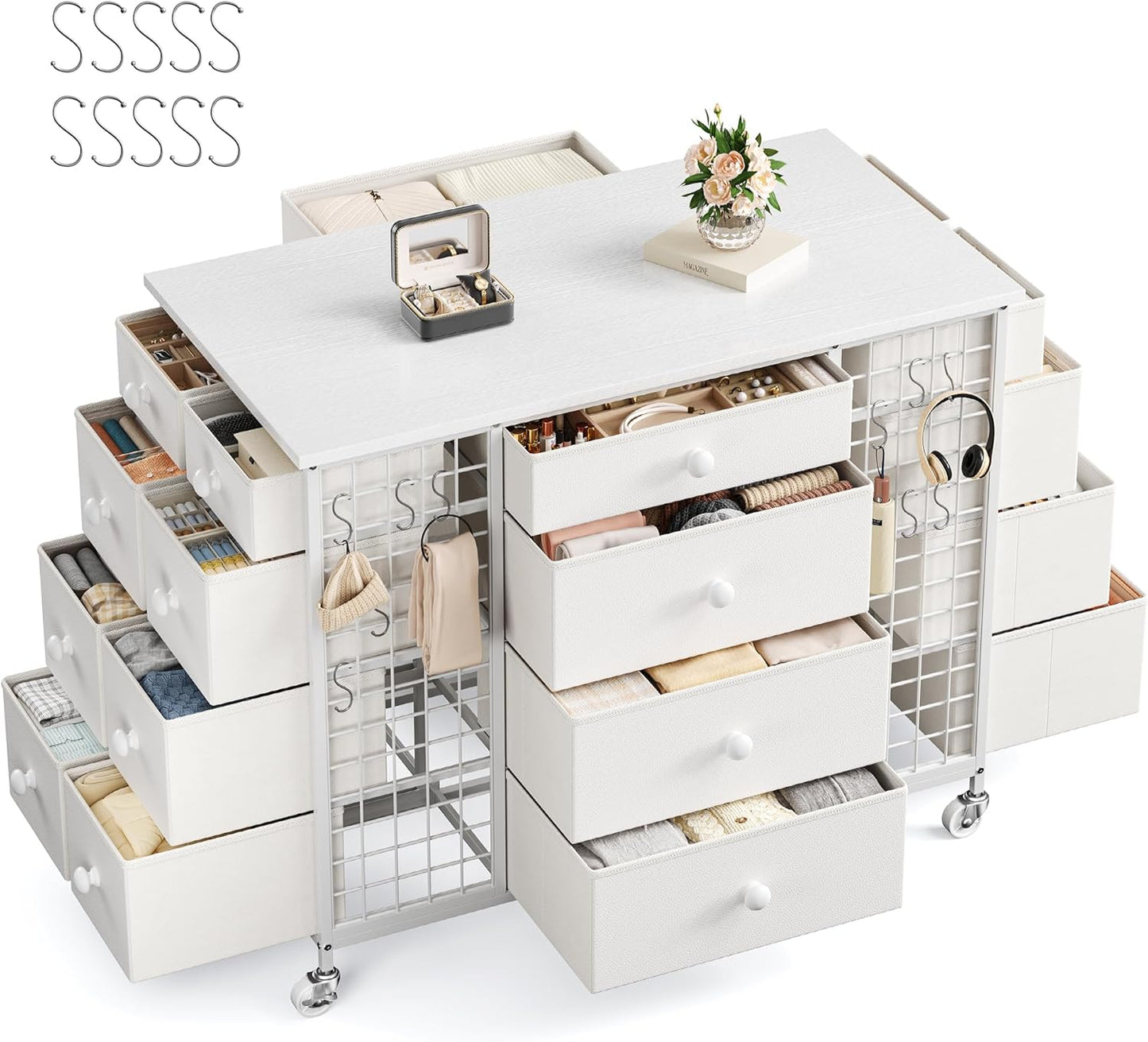 24 Drawers White Dresser for Bedroom, Dressers & Chests of Drawers with 4 Wheels and 40“ * 23” Wide Wooden Top, Metal Frame, Closet Island with Hooks for Bedroom, Cloakroom, Dressing Room