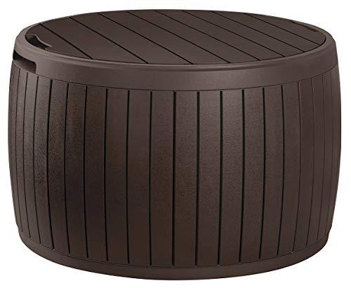 37 Gallon Round Deck Box, Patio Table for Outdoor Cushion Storage, Brown