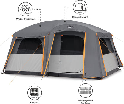 Straight Wall Cabin Tents | 10 Person / 11 Person / 12 Person Large Multi Room Family Tents for Car Camping & Outdoor Adventures