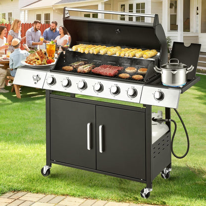 Upgraded 4 Burner BBQ Propane Gas Grill with Cast Iron Grates & Side Stove, 44,000 BTU Stainless Steel Burner Barbecue Grill for Patio, Camping, Outdoor Cooking.