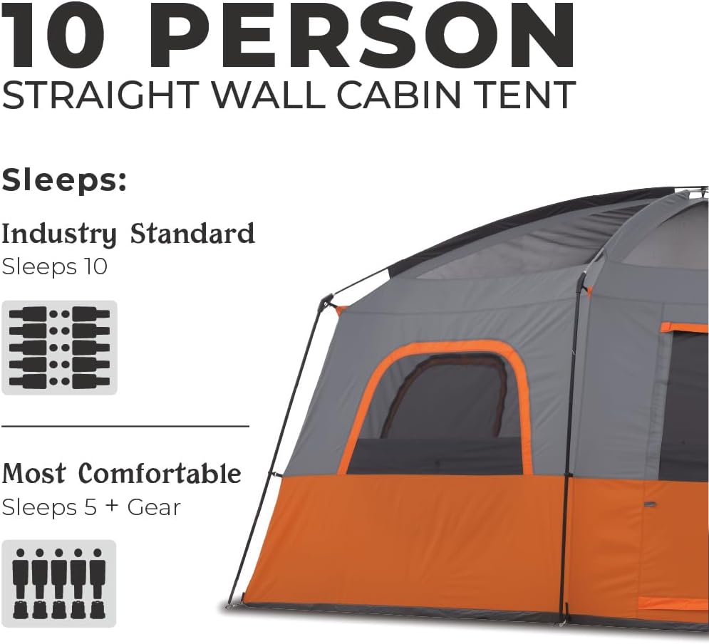 Straight Wall Cabin Tents | 10 Person / 11 Person / 12 Person Large Multi Room Family Tents for Car Camping & Outdoor Adventures