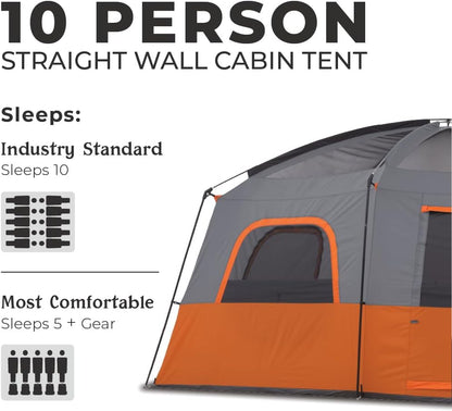 Straight Wall Cabin Tents | 10 Person / 11 Person / 12 Person Large Multi Room Family Tents for Car Camping & Outdoor Adventures