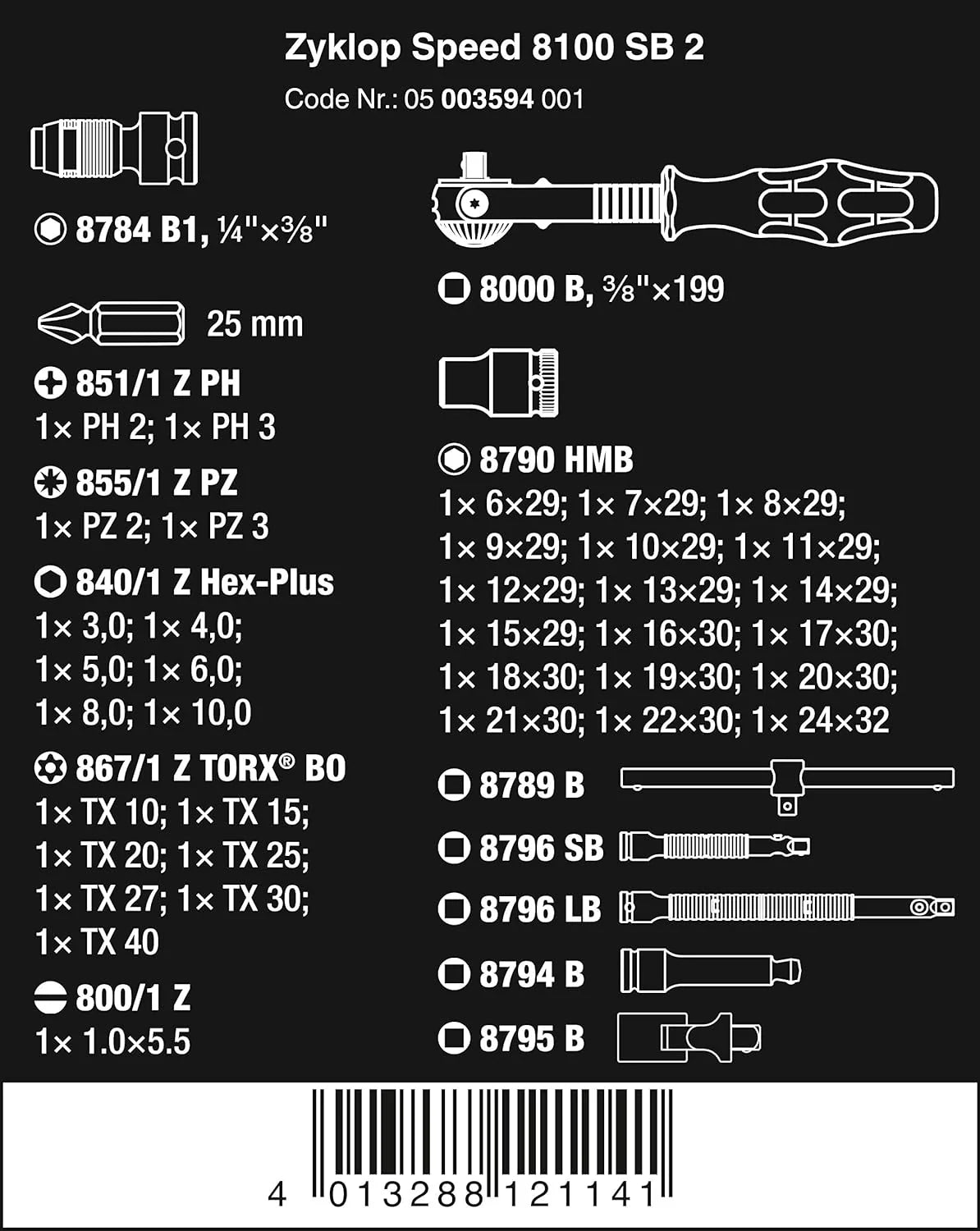 5003594001 8100 SB 2 Zyklop 3/8" Metric Ratchet Set ( Piece of 43)