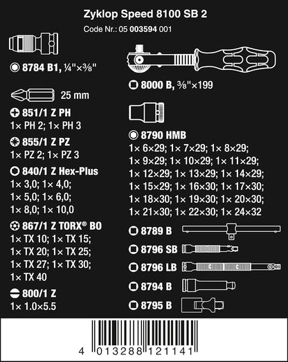 5003594001 8100 SB 2 Zyklop 3/8" Metric Ratchet Set ( Piece of 43)