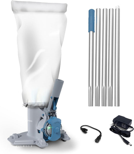 Rechargeable Cordless Pool Leaf Vacuum, 30GPM Strong Suction, 75 min Runtime, XL Heavy Duty Filter Bag, Leaves and Debris Removal, for Above Ground Pool and Inground Pools.