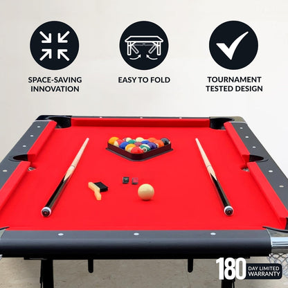6 Ft Portable Pool Table, Adults Folding Billiards Tables for Game Room with Easy Foldable Storage, Includes Full Set of Billiard Balls, Cues, Chalk & Brush