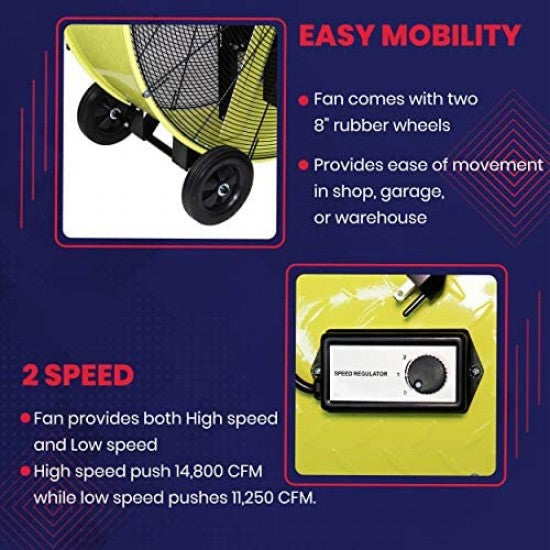 42′′ Belt Drive Drum Fan; Industrial, Garage, Shop, High Speed 2-Speed, Durable, Cut-Off Protection, Easy Mobility Rubber Wheels; SAFETY YELLOW.