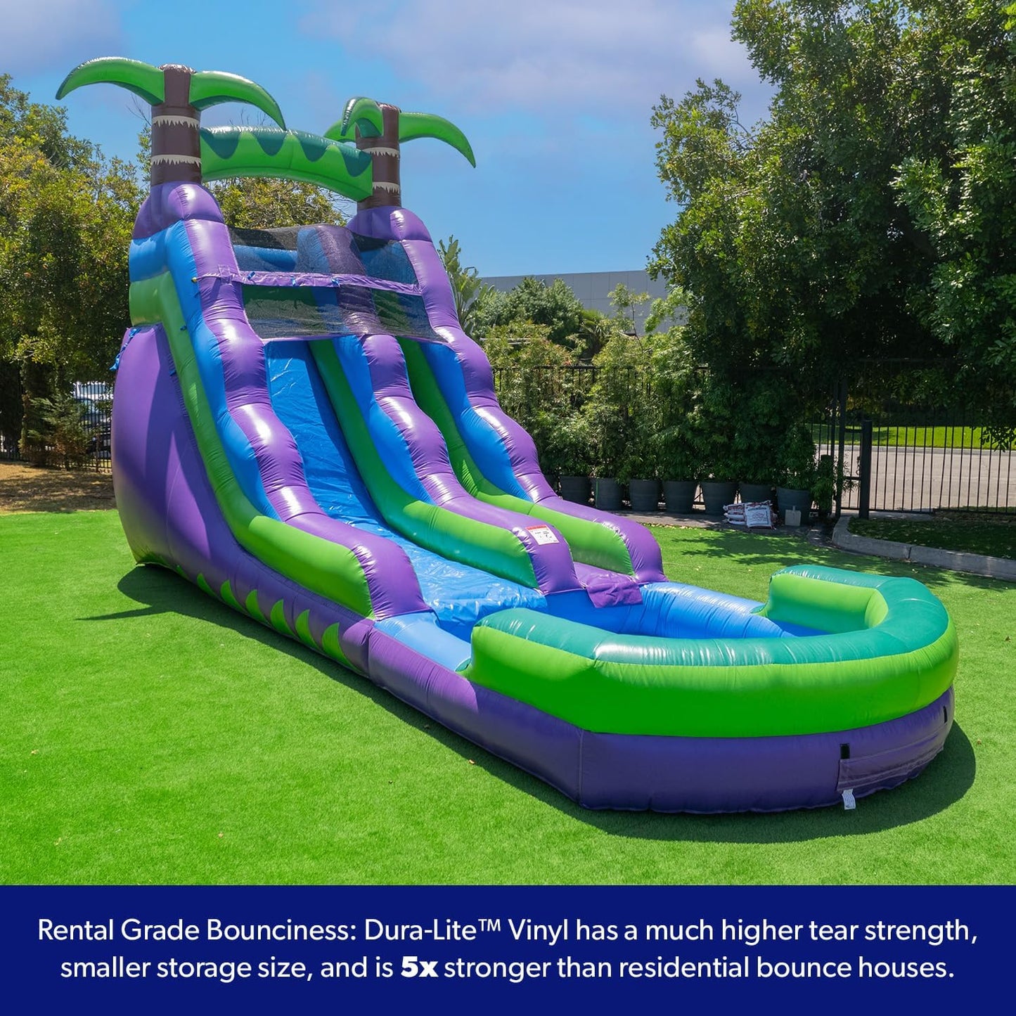 Purple Tropical Lightweight Premium Commercial Grade Water Slide Inflatable with Attached Pool for Kids and Adults (with Blower), Wet Dry Use, Summer Fun