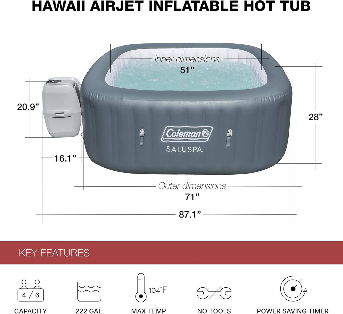 4 to 6 Person Inflatable Hot Tub Square Portable Outdoor Spa with 114 Soothing AirJets and Insulated Cover.