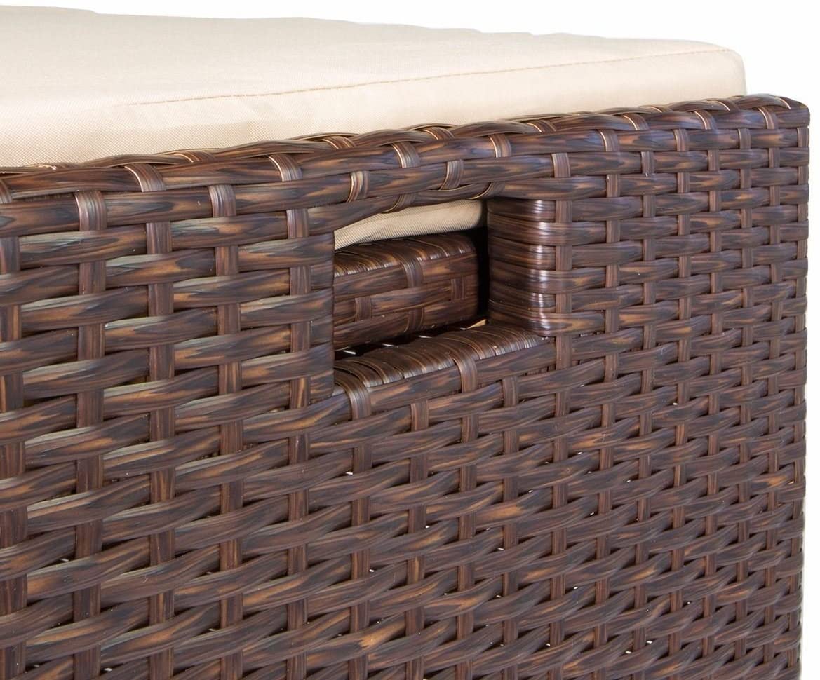 Outdoor Storage Bench Rattan Style Deck Box Wicker Patio Furniture Water Resistance w/Seat Cushion, 60-Gallon, Brown