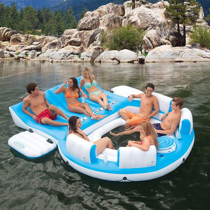 145 x 125 x 20 Inch Inflatable Lake and Pool Relaxation Island Lounger Seat for up to 7 Adults, Blue and White.
