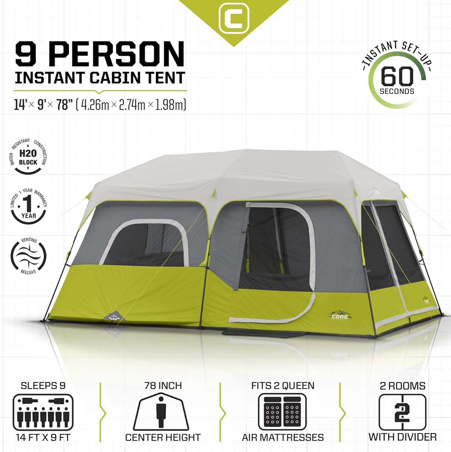 9 Person Instant Cabin Tent - 14' x 9', Green