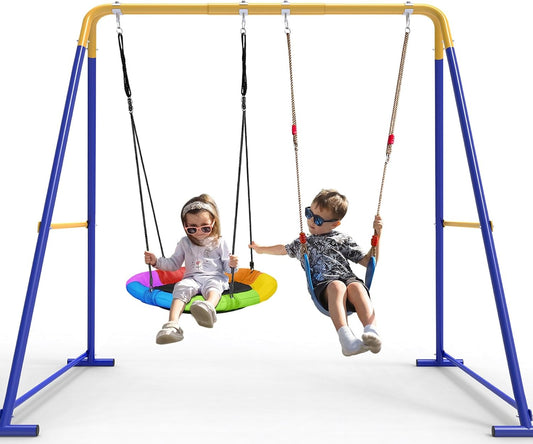 Swing Sets for Backyard, Toddler Swing Set with 2 Seat 1 Saucer & 1 Belt Seat, 440lbs Heavy-Duty Swing Frame w/8 Ground Stakes, A Frame Outdoor Swingset for Kids and Adults for Backyard