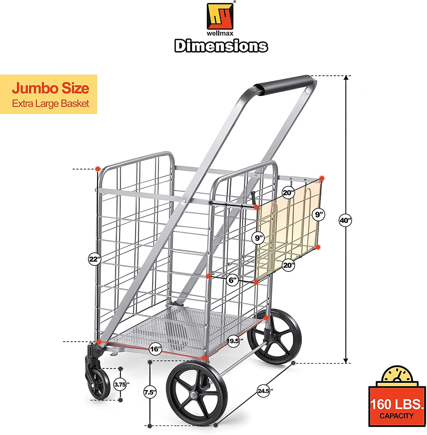 Shopping Cart with Wheels, Metal Grocery Cart with Wheels, Shopping Carts For Groceries