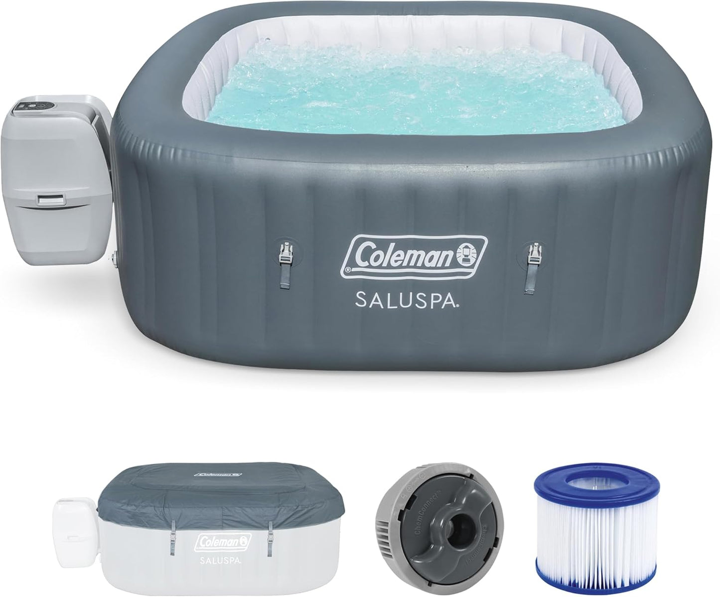 4 to 6 Person Inflatable Hot Tub Square Portable Outdoor Spa with 114 Soothing AirJets and Insulated Cover.