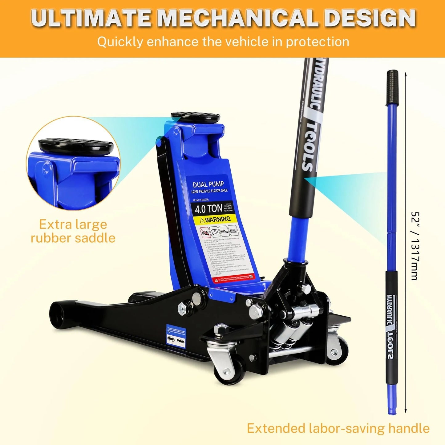 4-Ton Floor Jack, Low Profile Car Jack, Heavy-Duty Trolley Jack Car Lift with Dual Pump Pistons, Lifting Range 4"-21", 8000LBS