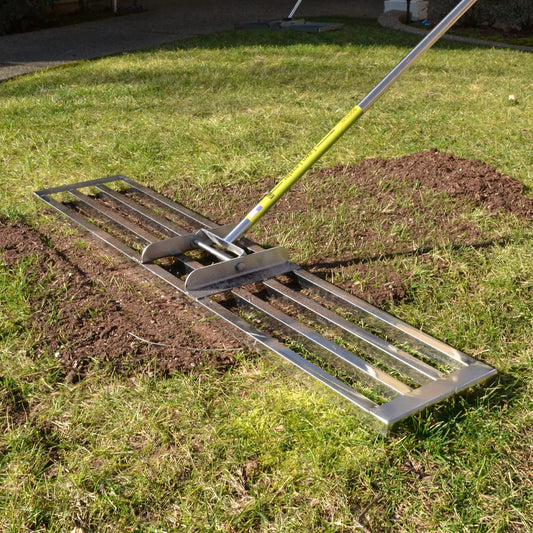 Lawn Leveling Rake | Levelawn Tool | Level Soil or Dirt Ground Surfaces Easily | 30” x 10” Ground Plate | 78” Extra Long Handle | Stainless Steel