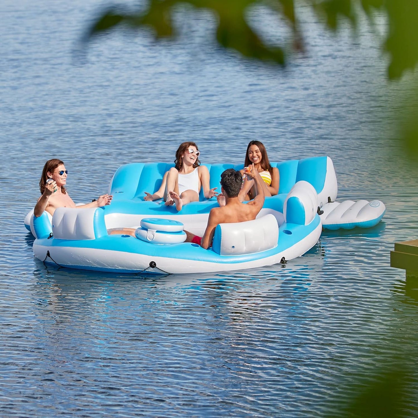 145 x 125 x 20 Inch Inflatable Lake and Pool Relaxation Island Lounger Seat for up to 7 Adults, Blue and White.